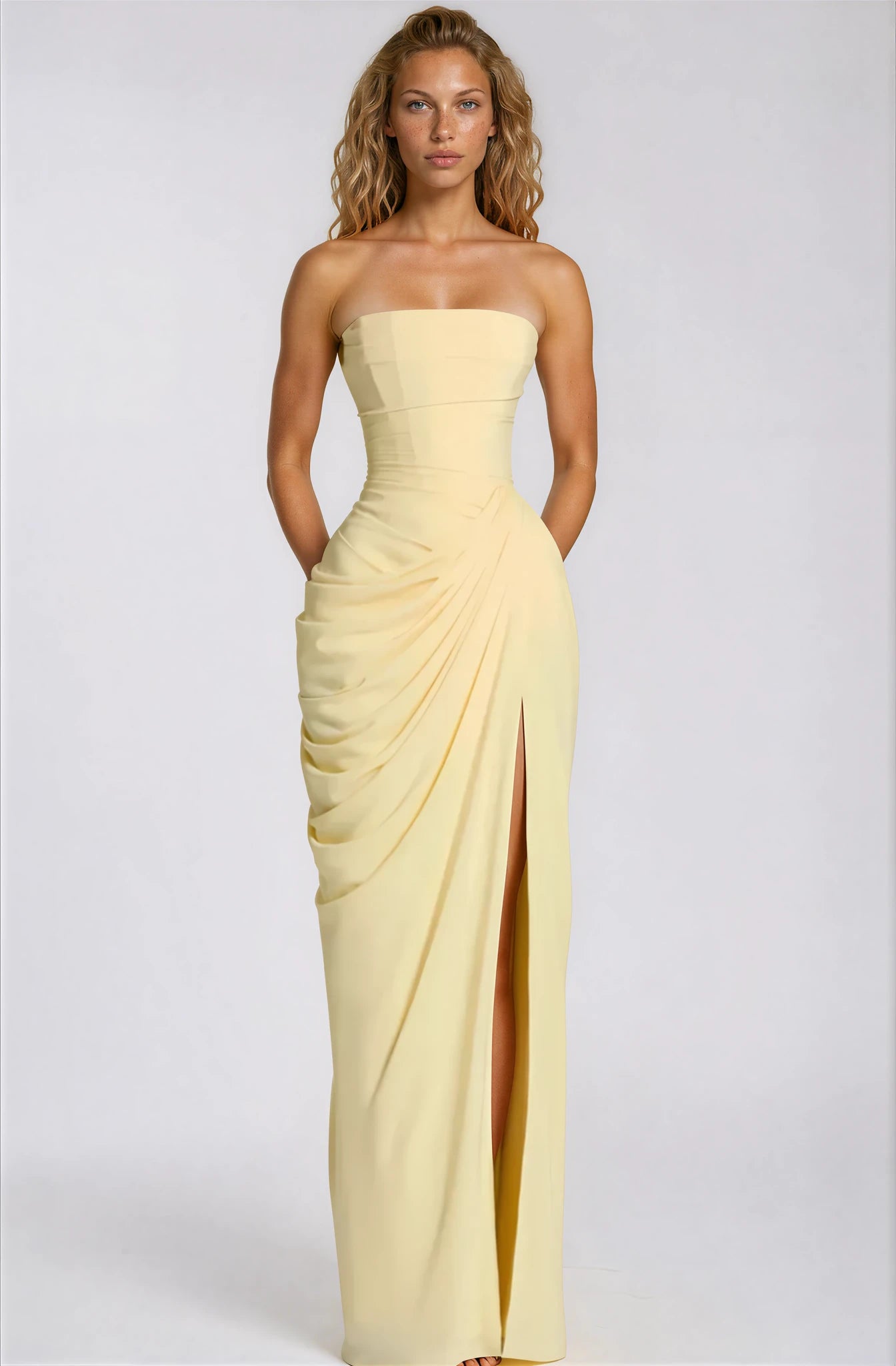 Blue Ruched Maxi Dress with Cross Front