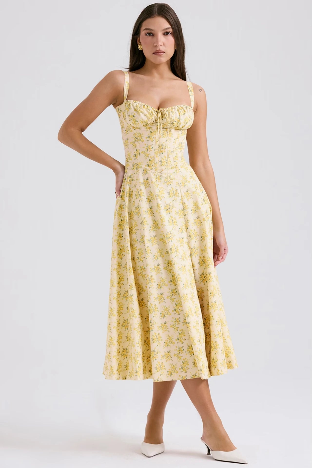 Butter-Colored Cotton Dress with a Vintage Floral Print