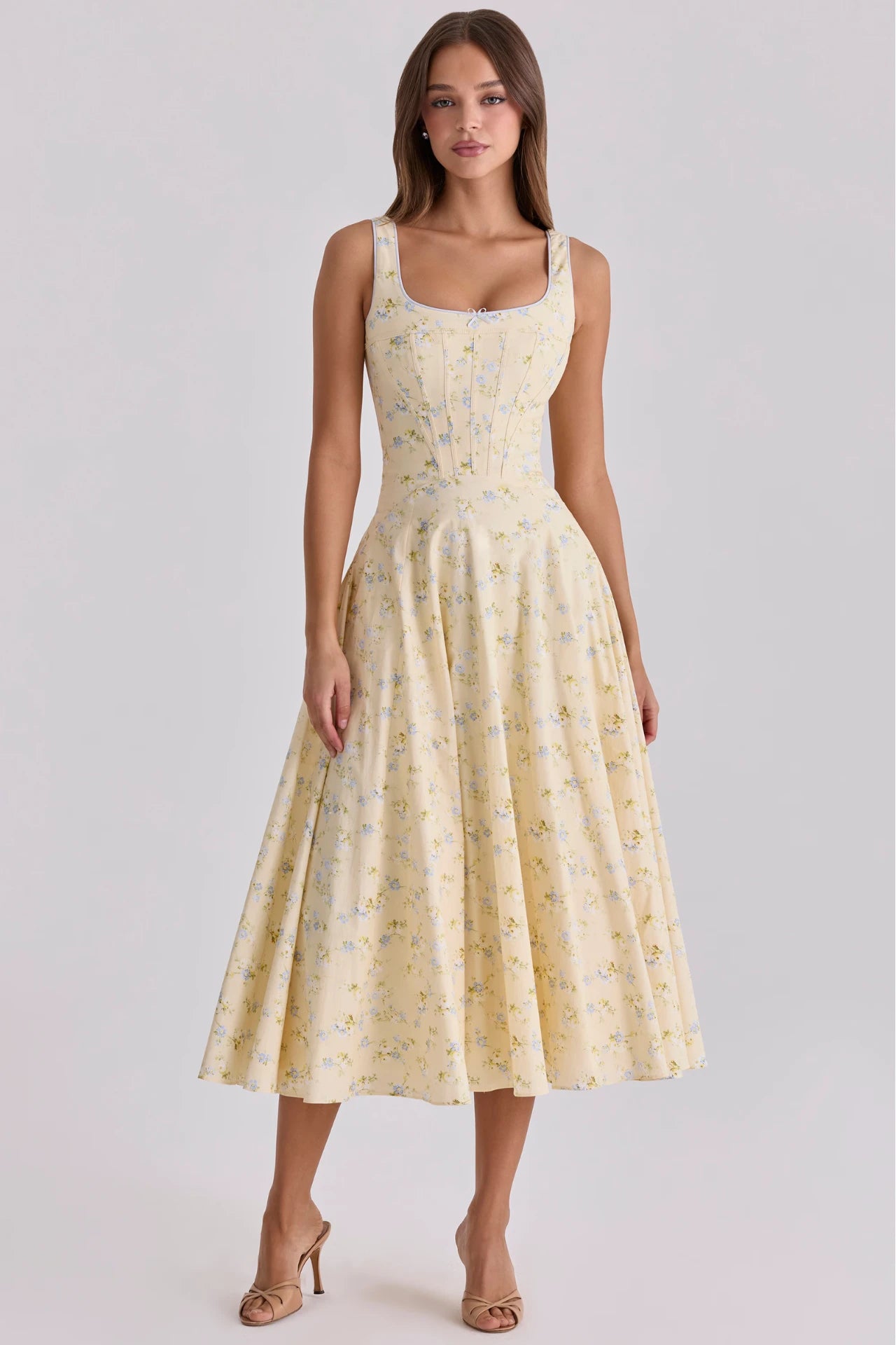 Lemon-Colored Cotton Midi Dress with a Floral Print and Drawstrings