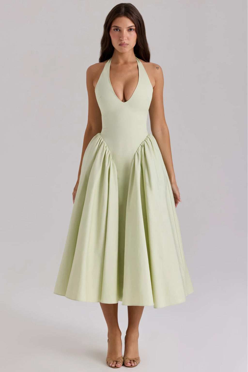Pistachio-Colored Cotton Midi Dress with a Halter Neckline
