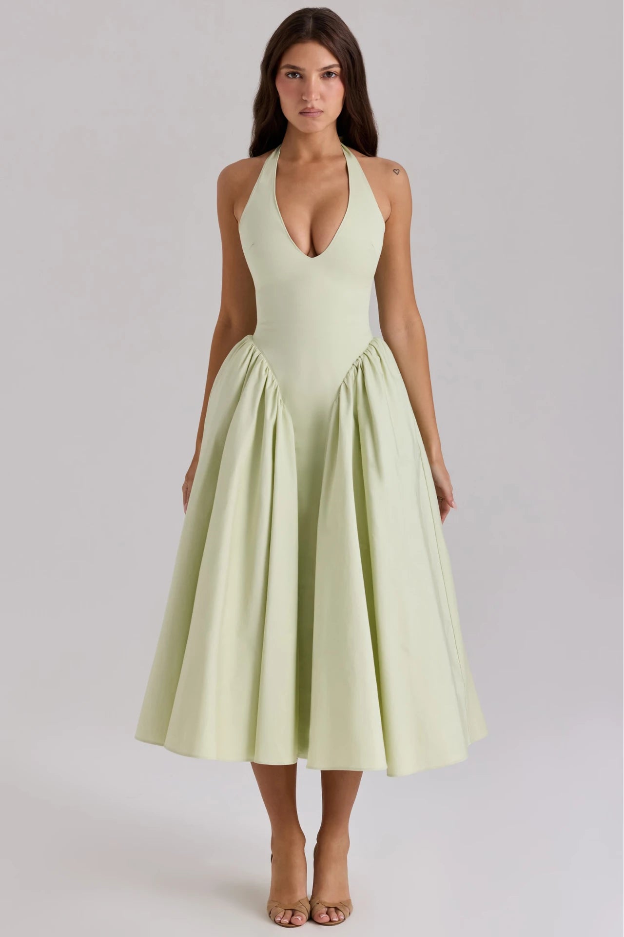 Pistachio-Colored Cotton Midi Dress with a Halter Neckline