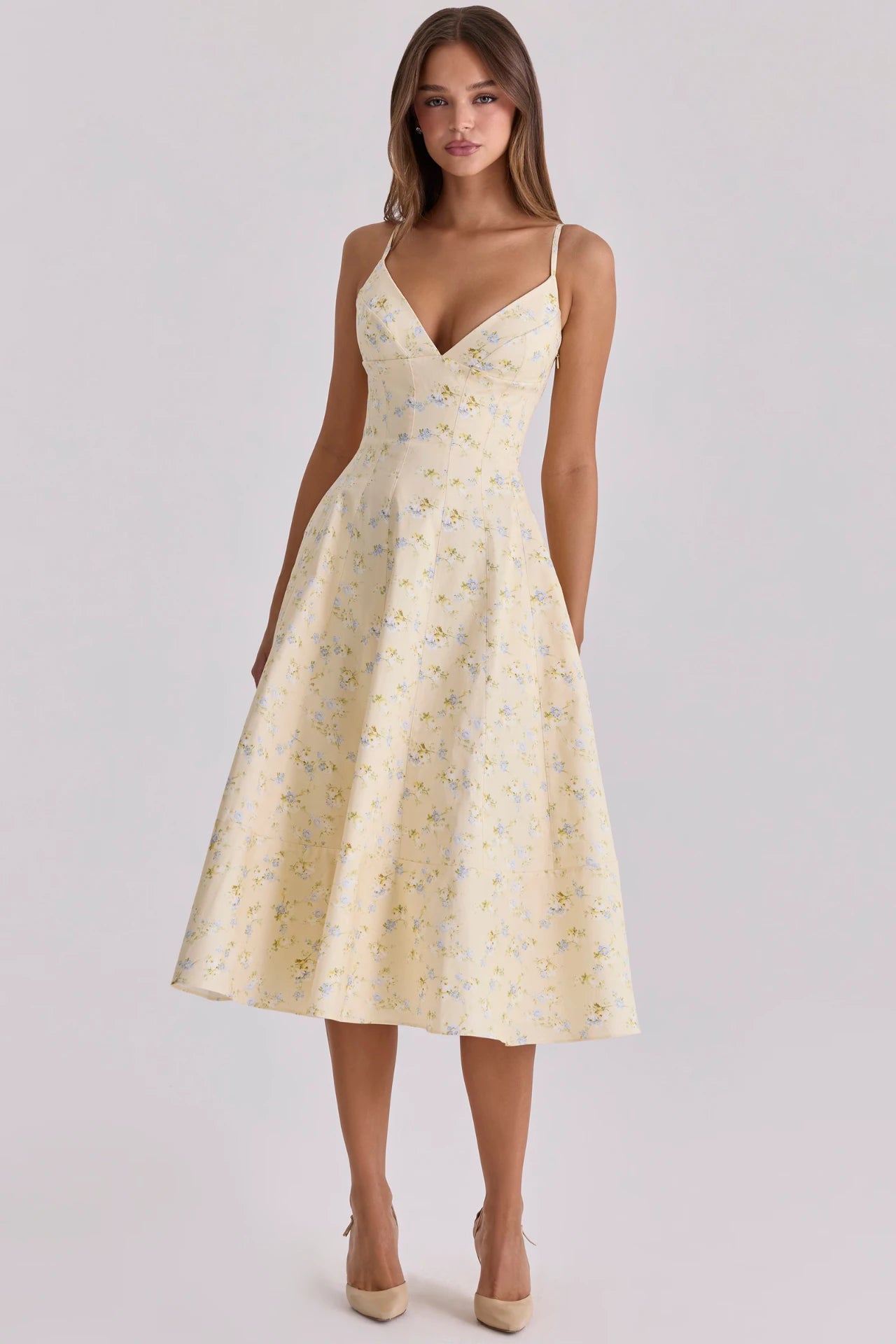 Lemon-Colored Cotton Midi Dress With Spaghetti Straps and a Floral Print