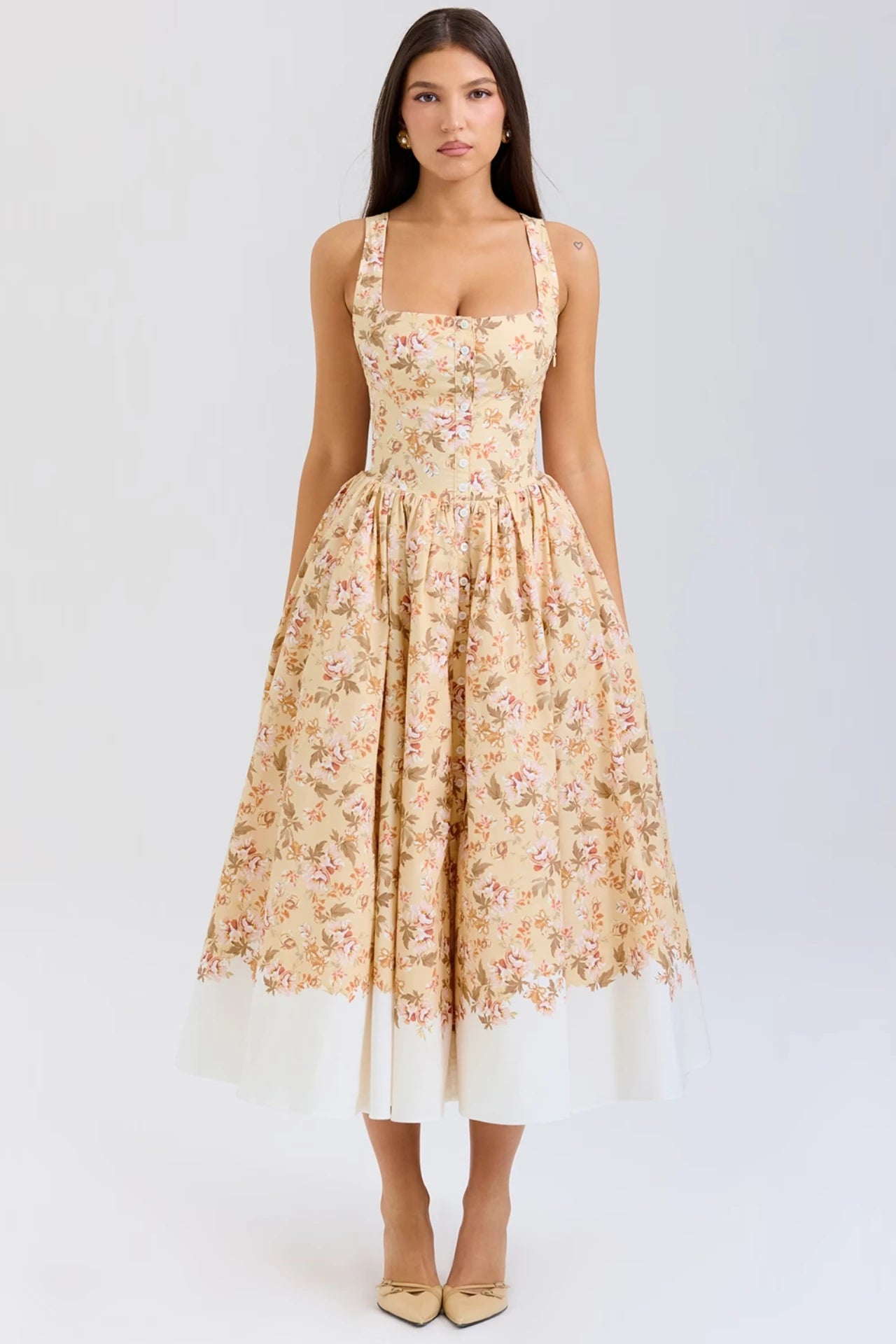 Honey-Colored Cotton Midi Dress With a Floral Print and Ruffles