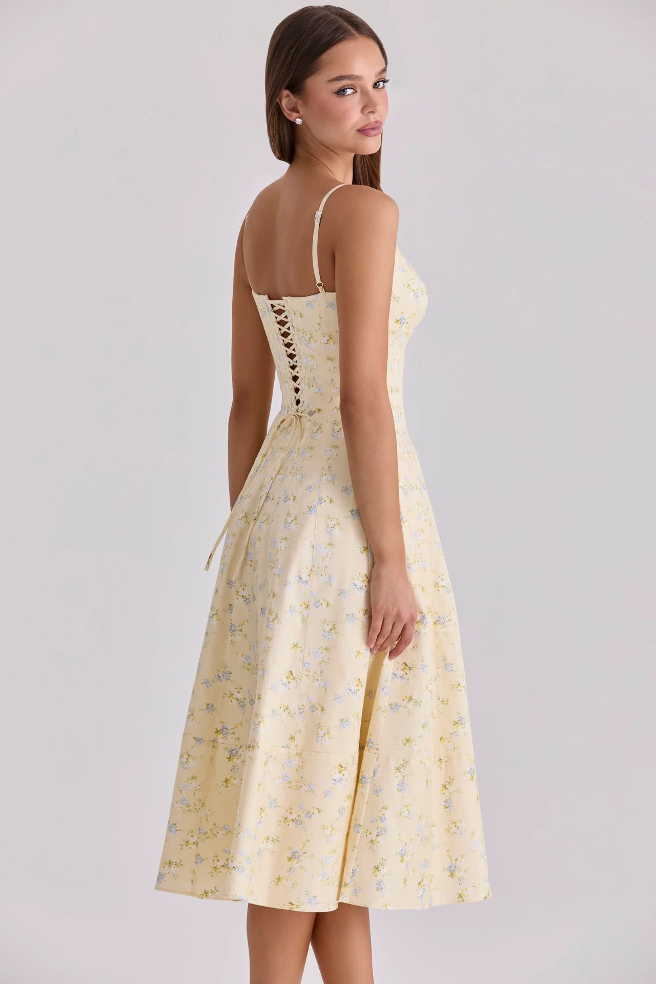 Lemon-Colored Cotton Midi Dress With Spaghetti Straps and a Floral Print