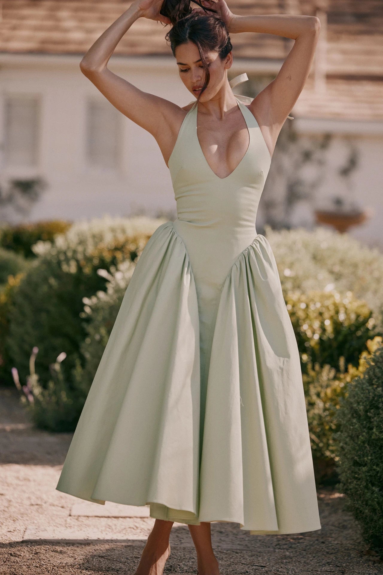 Pistachio-Colored Cotton Midi Dress with a Halter Neckline