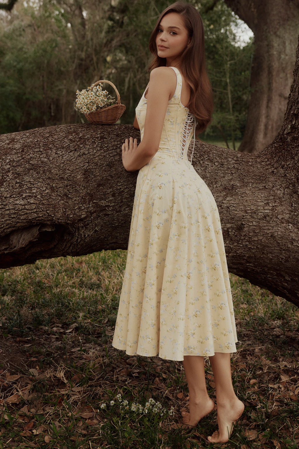 Lemon-Colored Cotton Midi Dress with a Floral Print and Drawstrings
