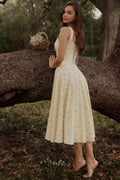 Lemon-Colored Cotton Midi Dress with a Floral Print and Drawstrings