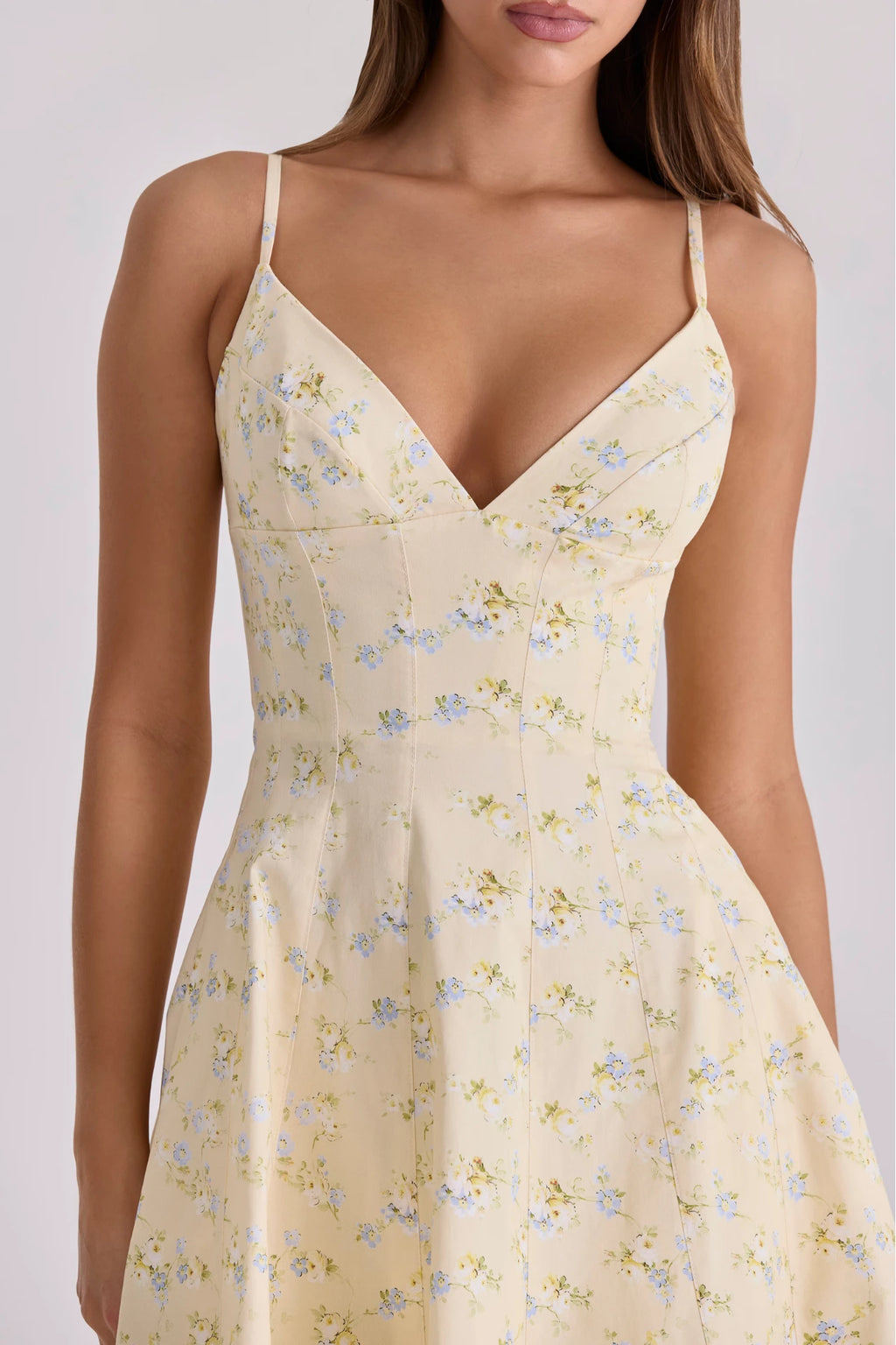 Lemon-Colored Cotton Midi Dress With Spaghetti Straps and a Floral Print
