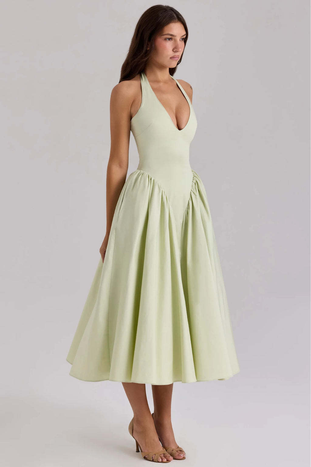Pistachio-Colored Cotton Midi Dress with a Halter Neckline