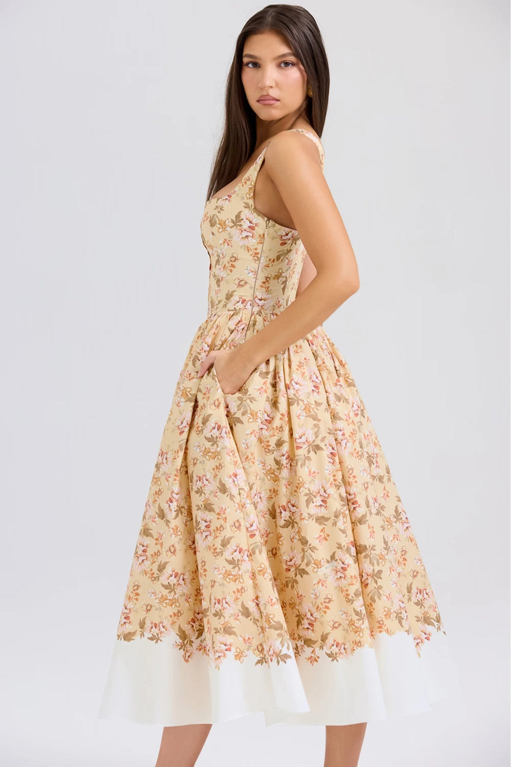 Honey-Colored Cotton Midi Dress With a Floral Print and Ruffles