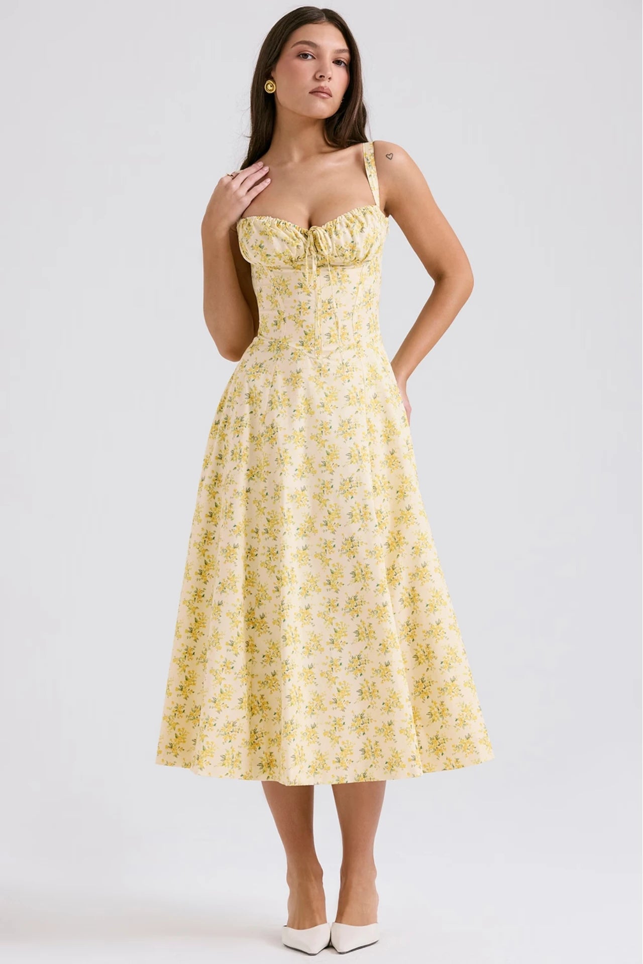 Butter-Colored Cotton Dress with a Vintage Floral Print