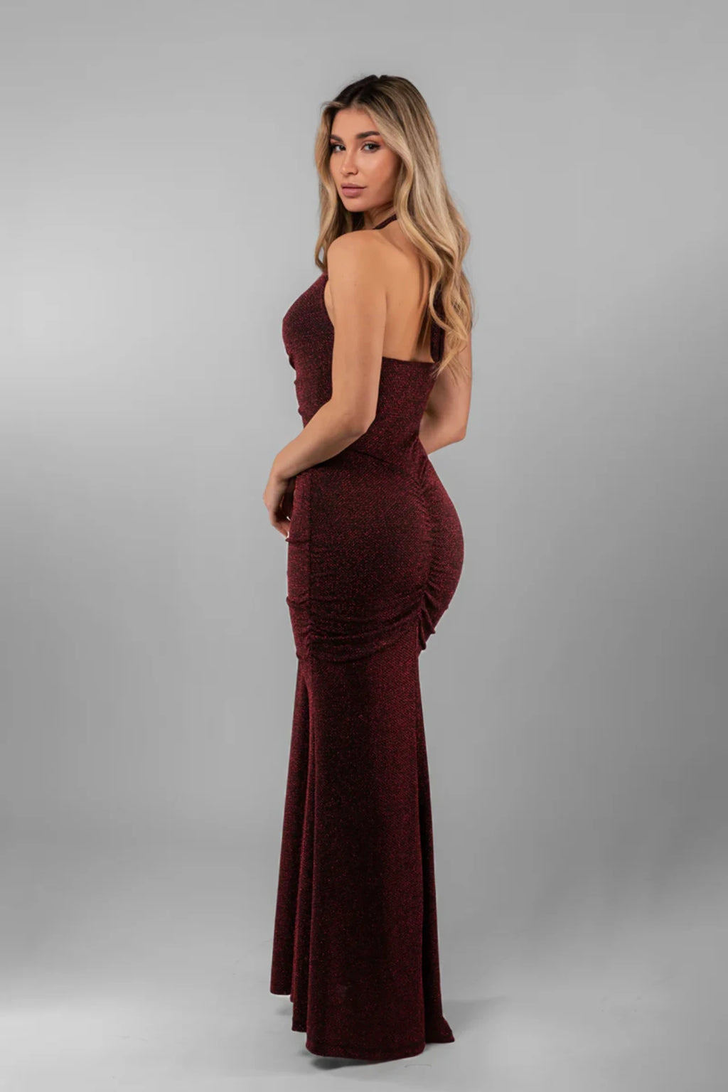 Shiny maxi dress with a halter neckline