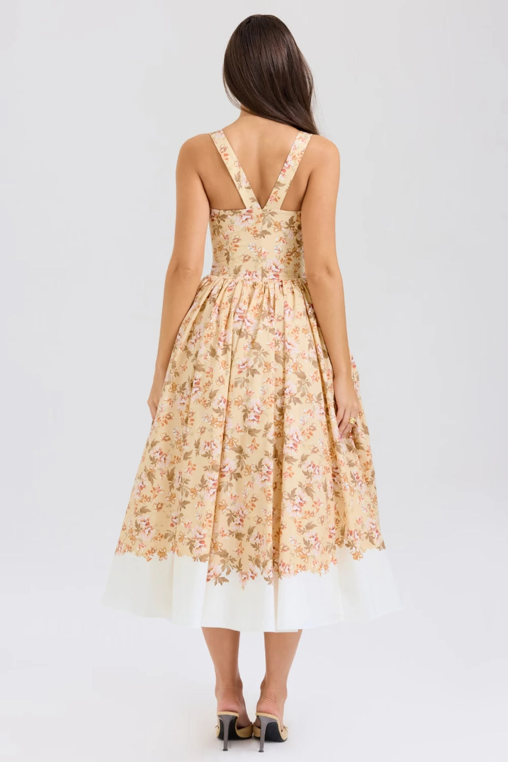 Honey-Colored Cotton Midi Dress With a Floral Print and Ruffles