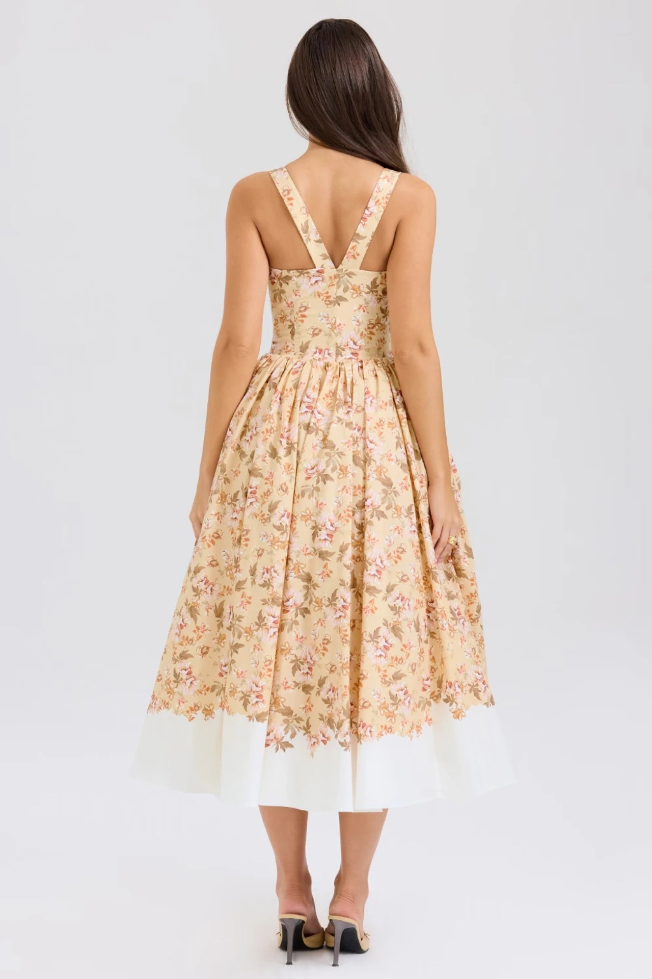 Honey-Colored Cotton Midi Dress With a Floral Print and Ruffles