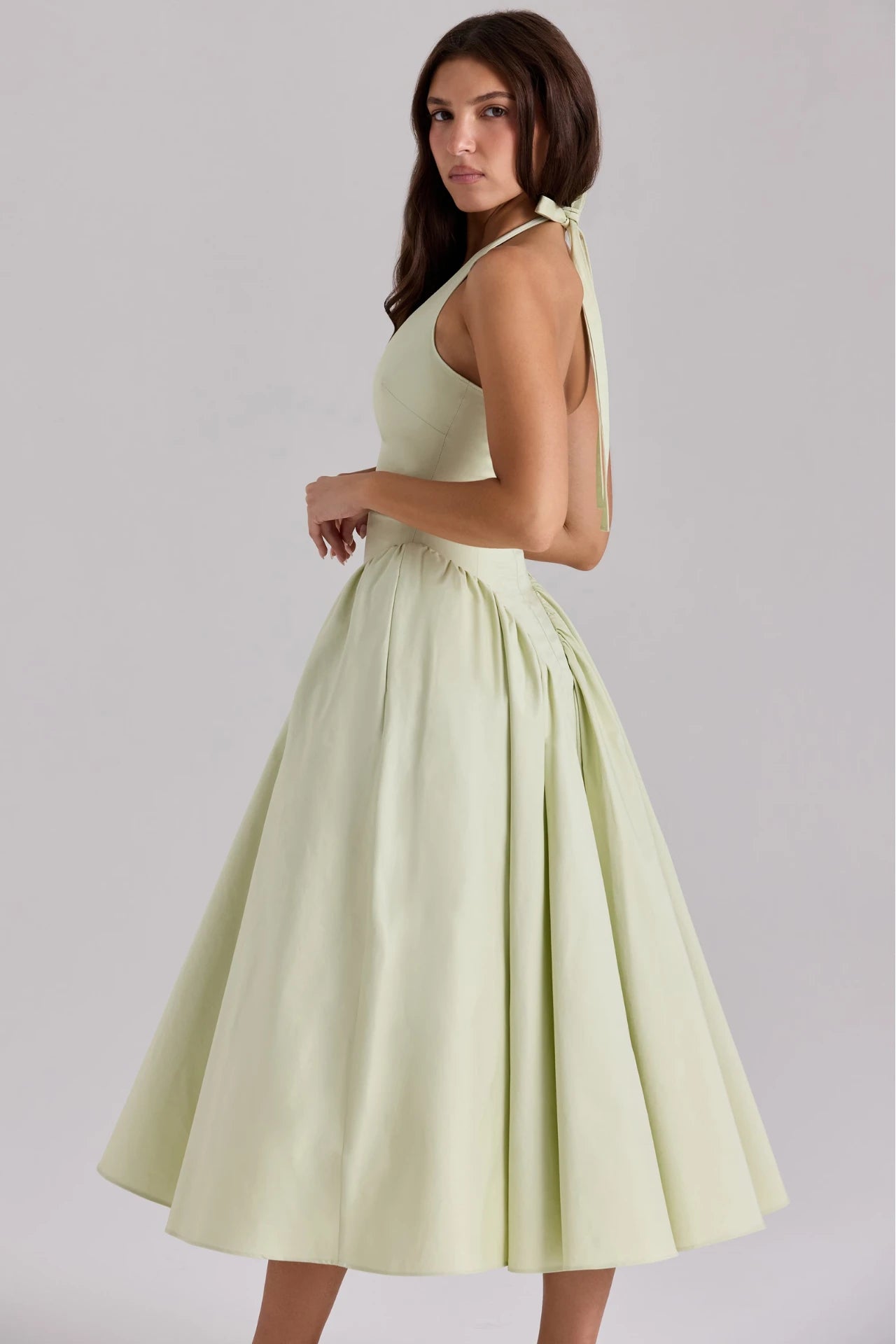 Pistachio-Colored Cotton Midi Dress with a Halter Neckline