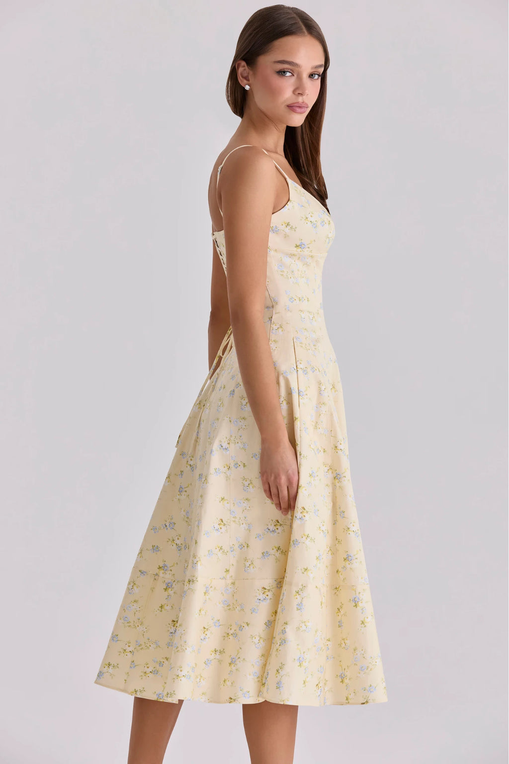 Lemon-Colored Cotton Midi Dress With Spaghetti Straps and a Floral Print