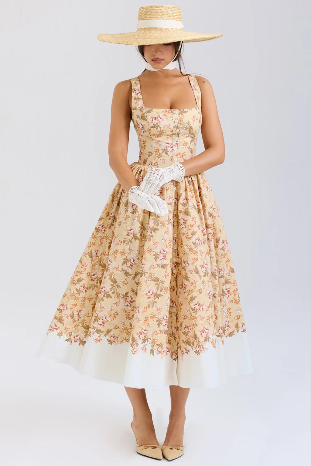 Honey-Colored Cotton Midi Dress With a Floral Print and Ruffles