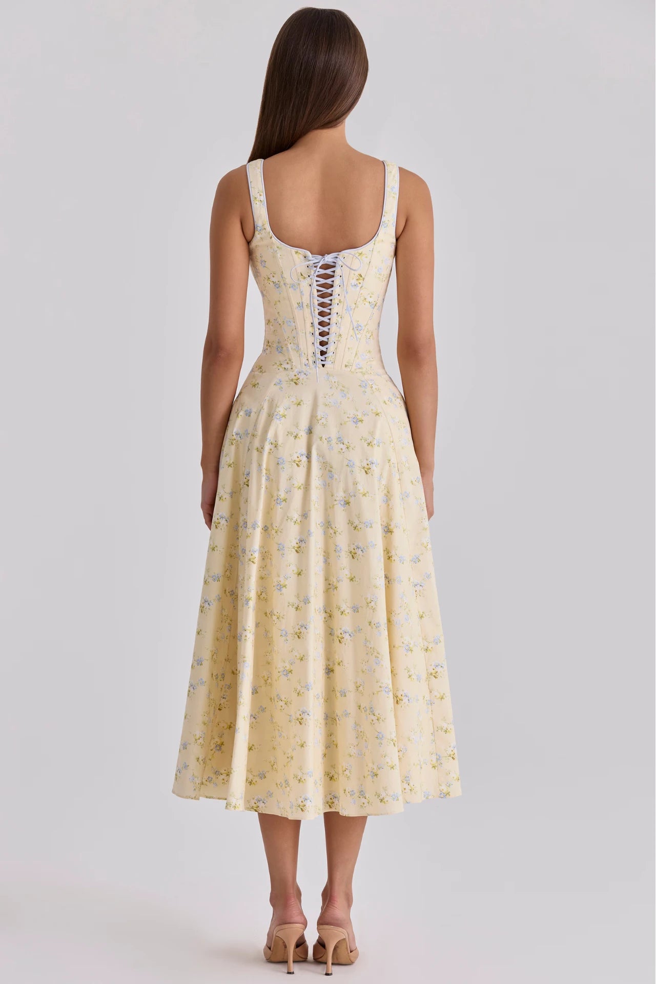 Lemon-Colored Cotton Midi Dress with a Floral Print and Drawstrings