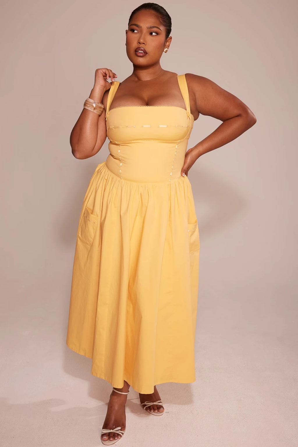 Peach-Colored Cotton Midi Dress