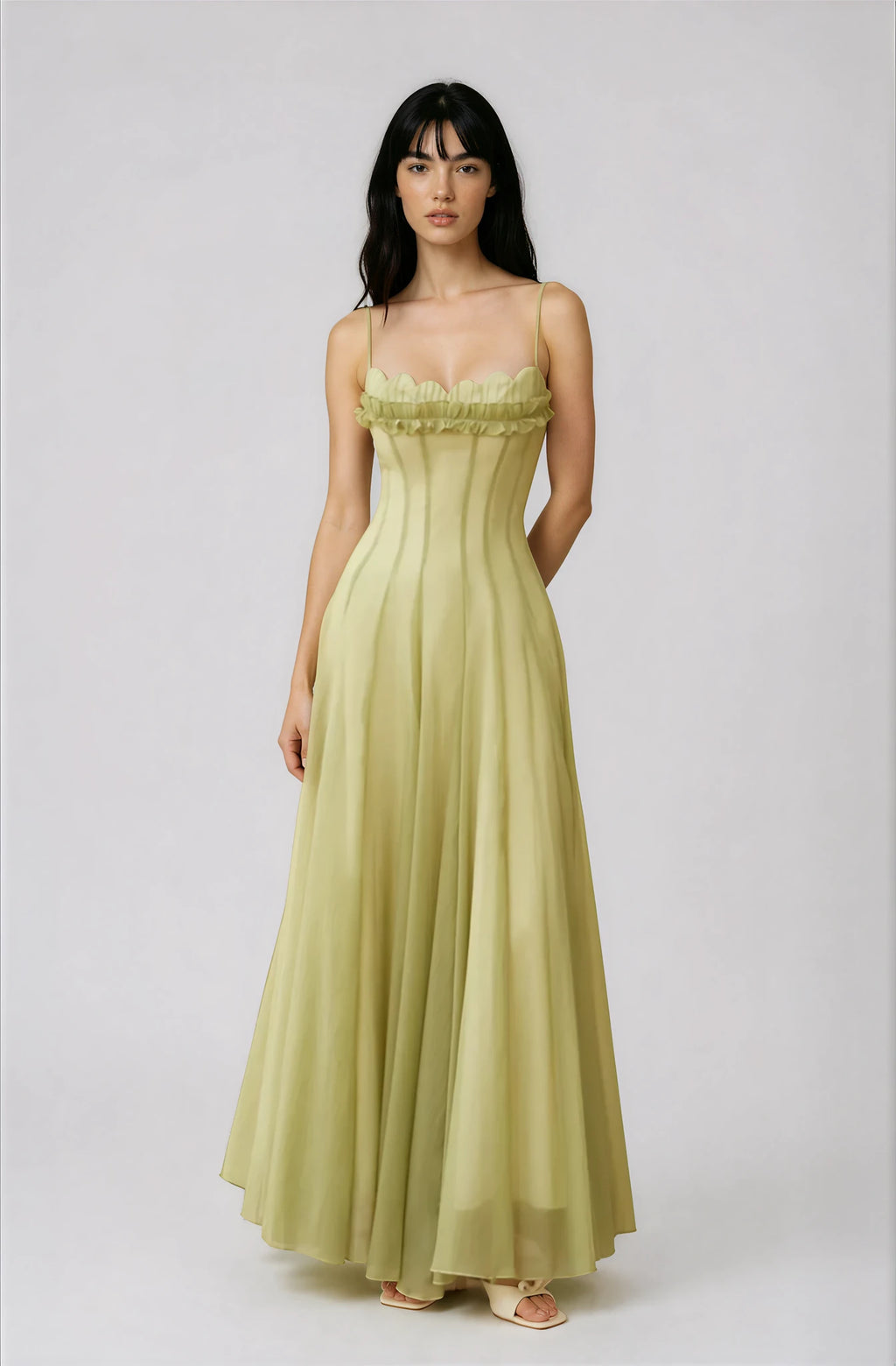 Matcha Ruffled Shirred Tulle Maxi Dress