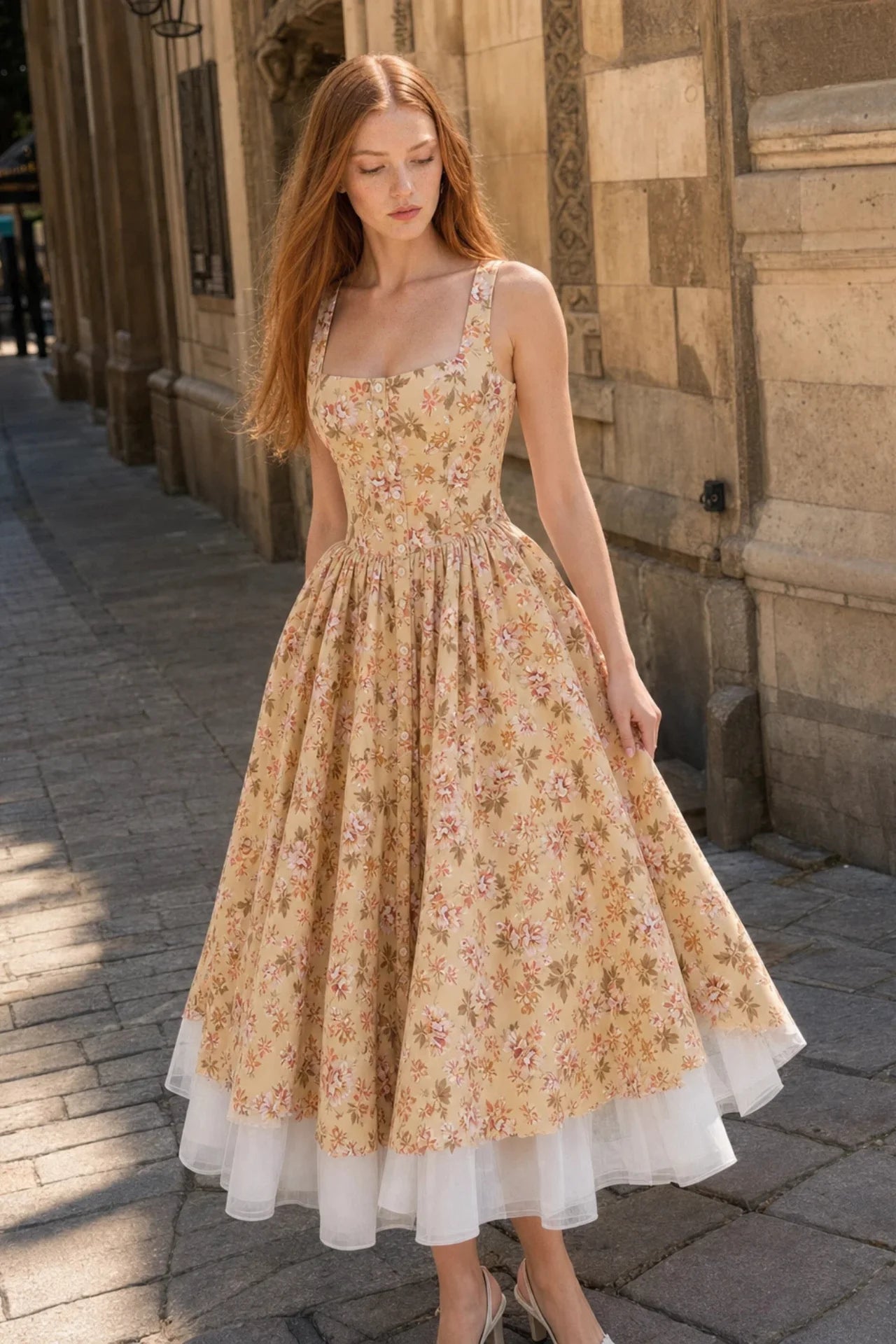 Honey-Colored Cotton Midi Dress With a Floral Print and Ruffles