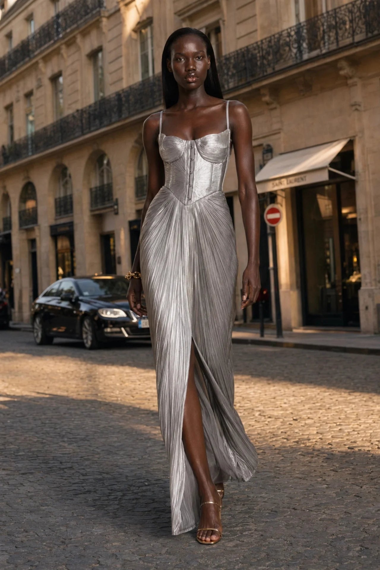 Silver Glossy Pleated Corset Maxi Dress