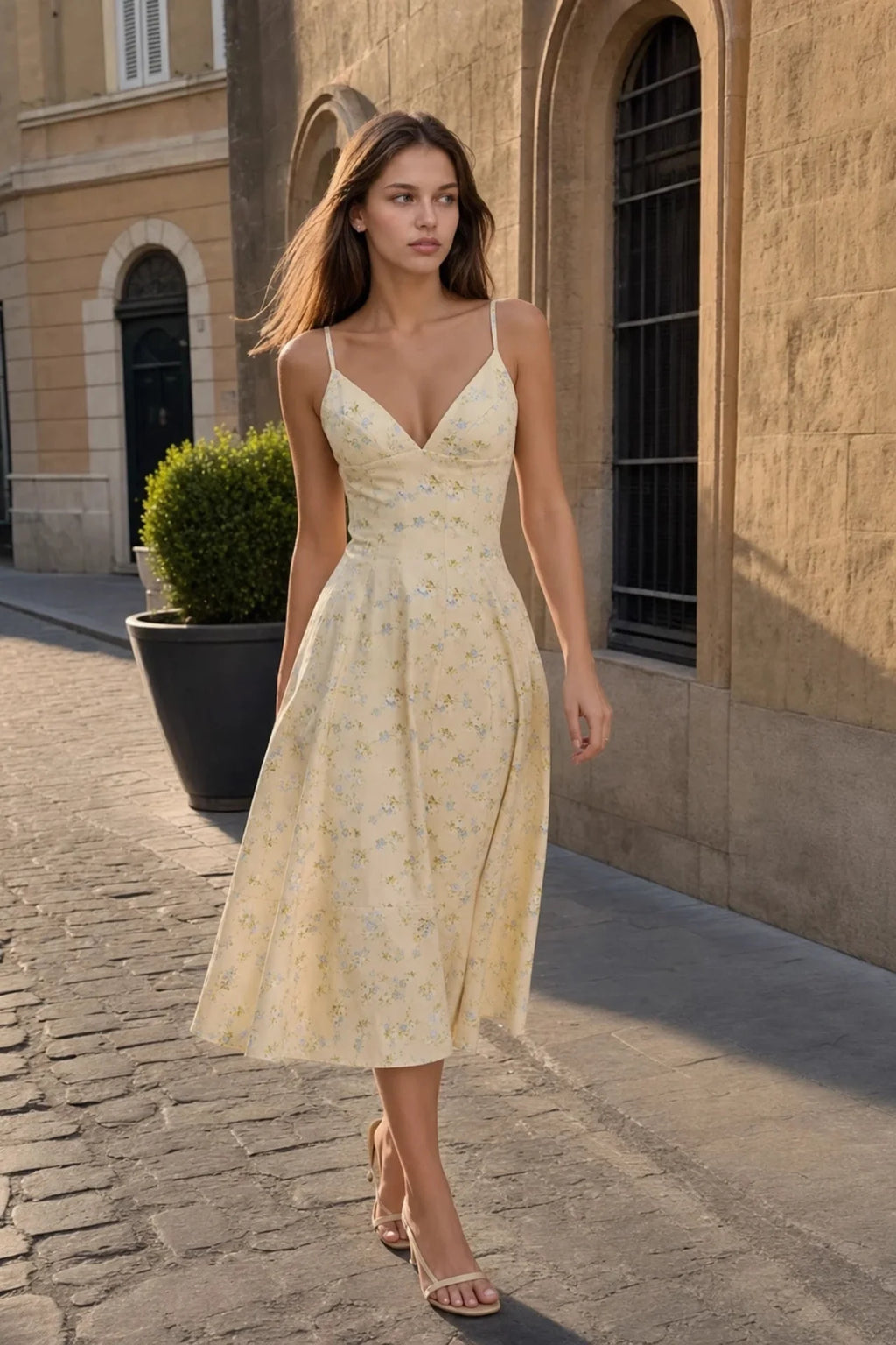 Lemon-Colored Cotton Midi Dress With Spaghetti Straps and a Floral Print