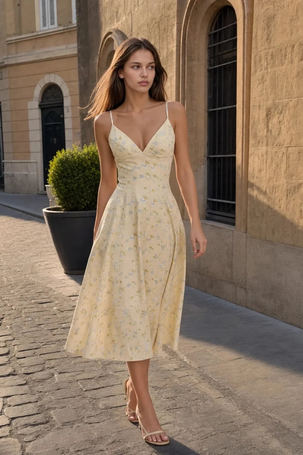 Lemon-Colored Cotton Midi Dress With Spaghetti Straps and a Floral Print