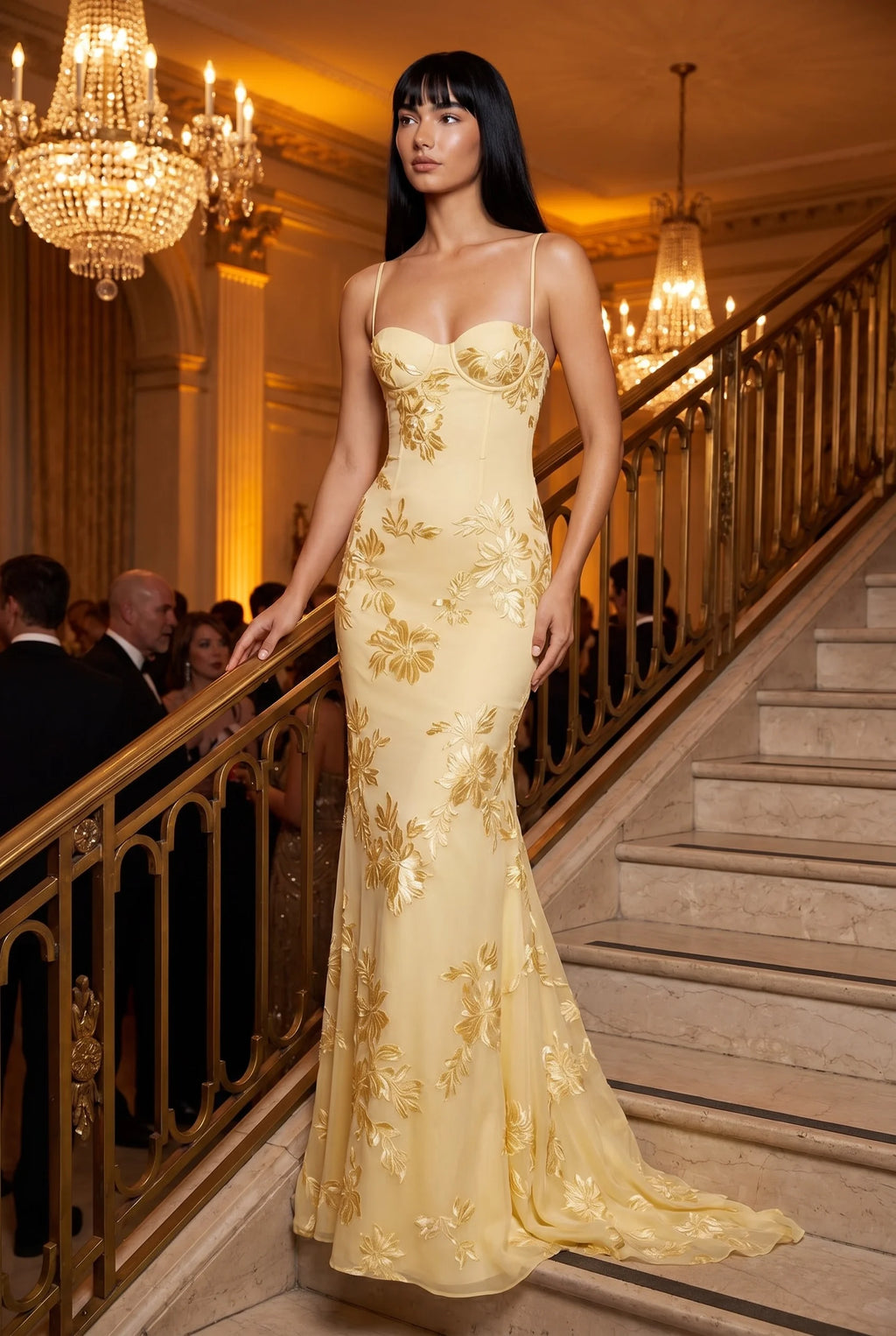 Yellow Floral Appliqué Corset Maxi Dress