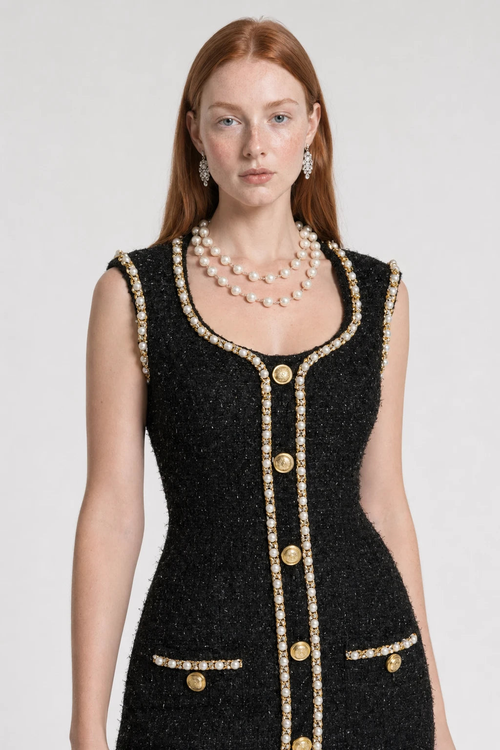 Black Tweed Mini Dress with Faux Pearls