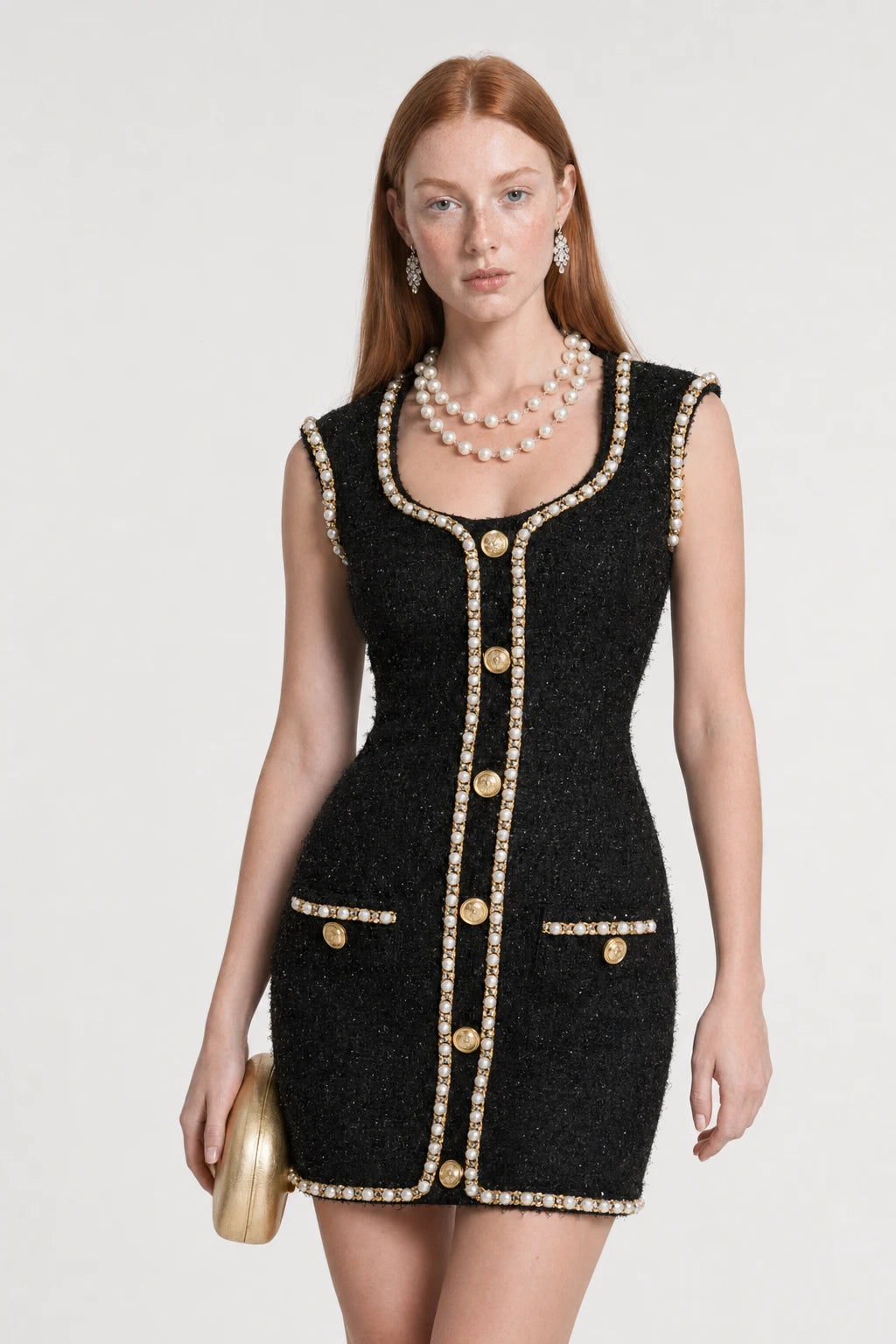 Black Tweed Mini Dress with Faux Pearls