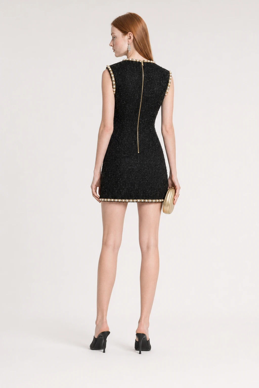 Black Tweed Mini Dress with Faux Pearls