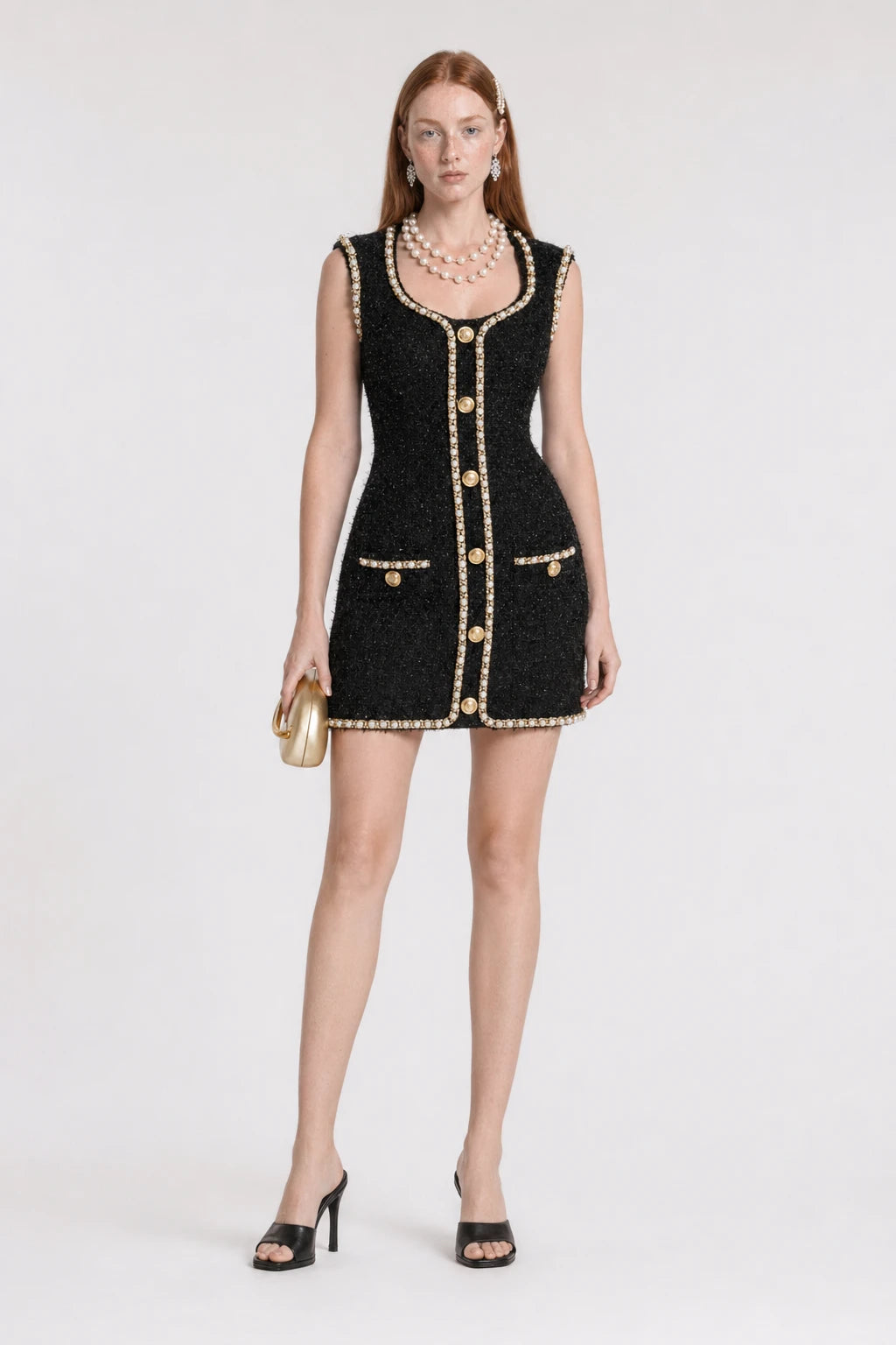 Black Tweed Mini Dress with Faux Pearls