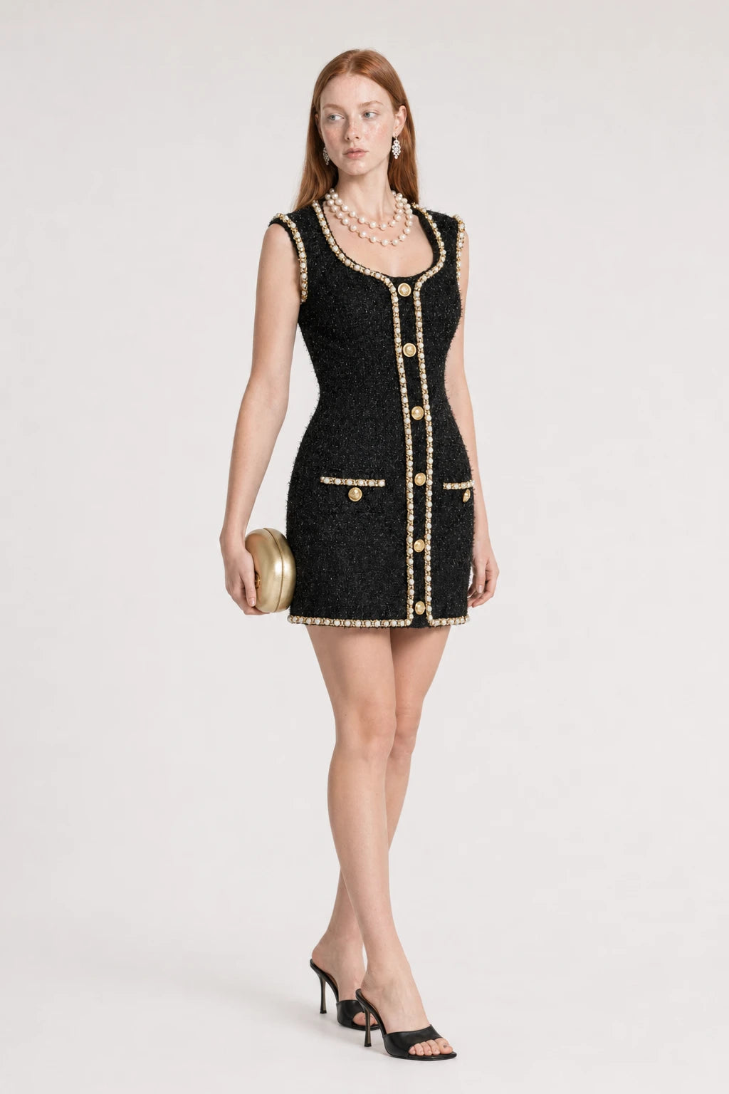 Black Tweed Mini Dress with Faux Pearls