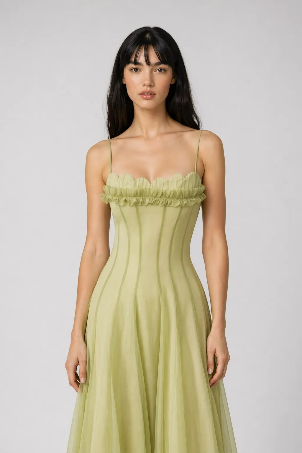 Matcha Ruffled Shirred Tulle Maxi Dress