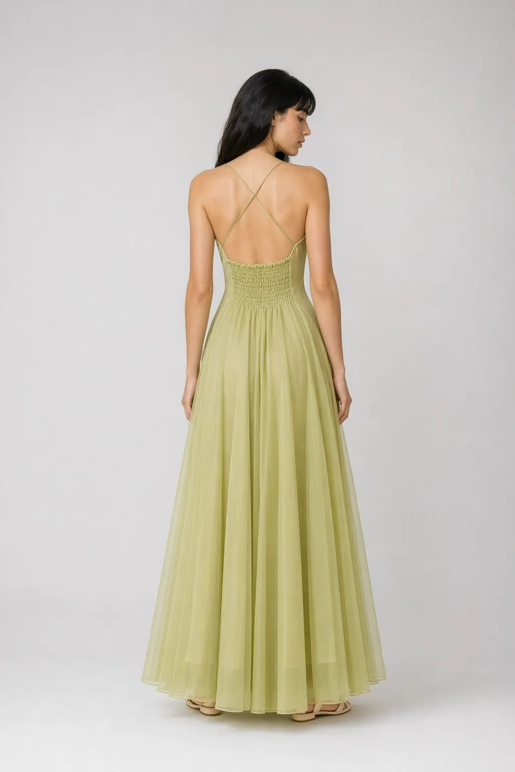 Matcha Ruffled Shirred Tulle Maxi Dress