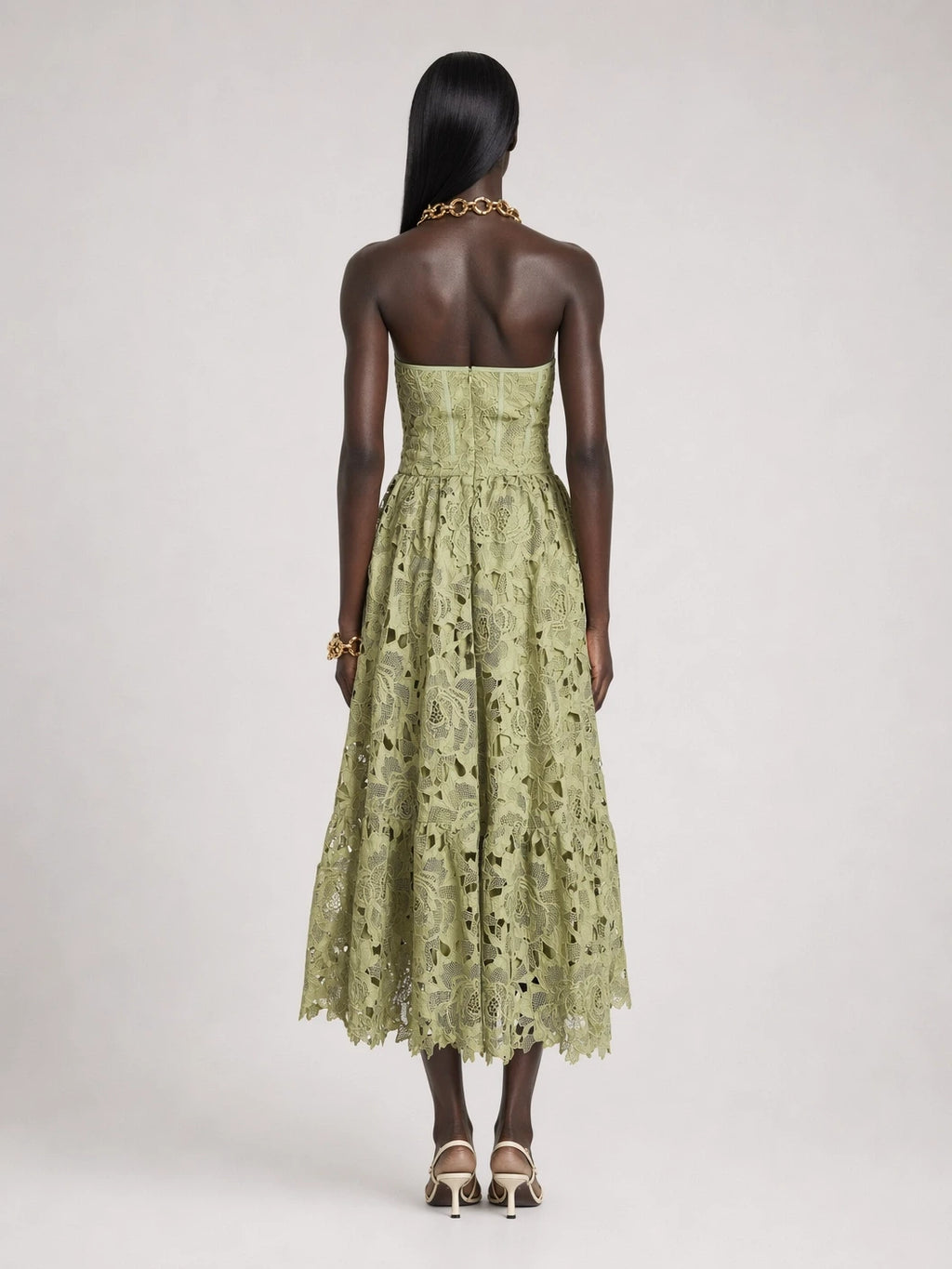 Lace Floral Embroidered Cut-Out Midium Dress in Green