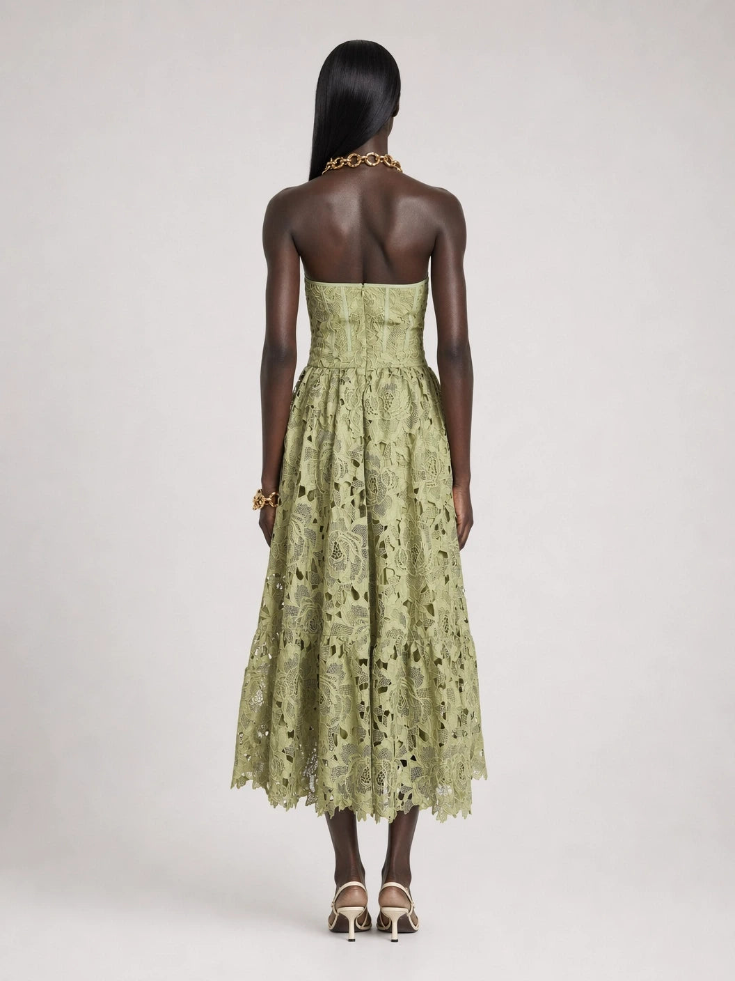 Lace Floral Embroidered Cut-Out Midium Dress in Green
