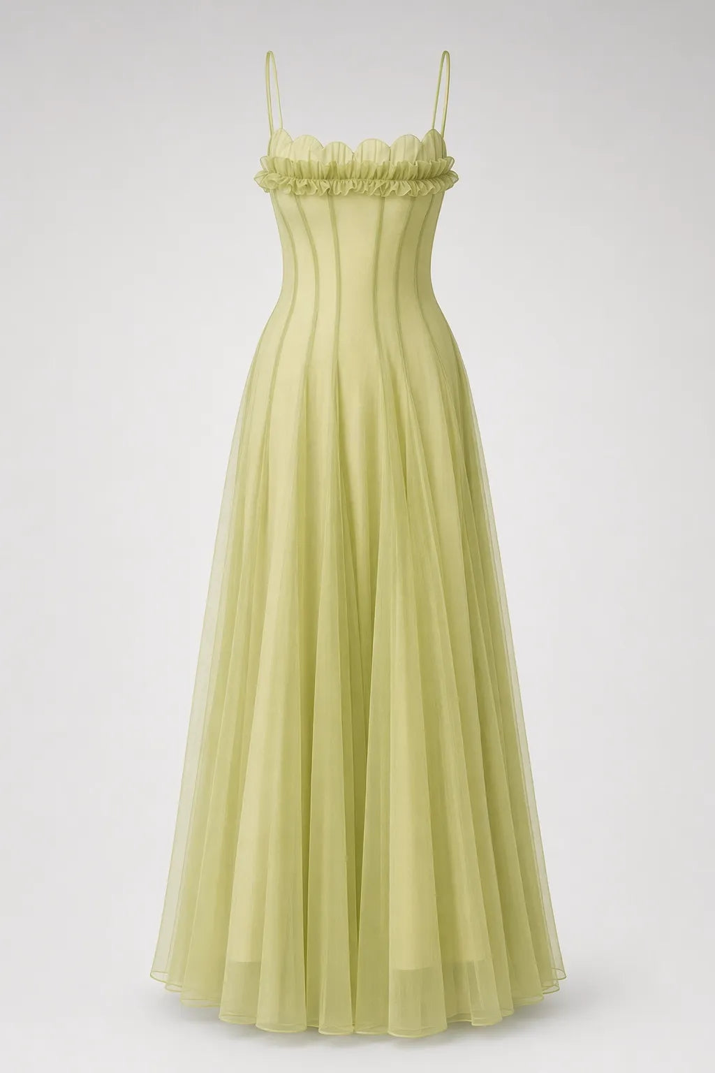 Matcha Ruffled Shirred Tulle Maxi Dress