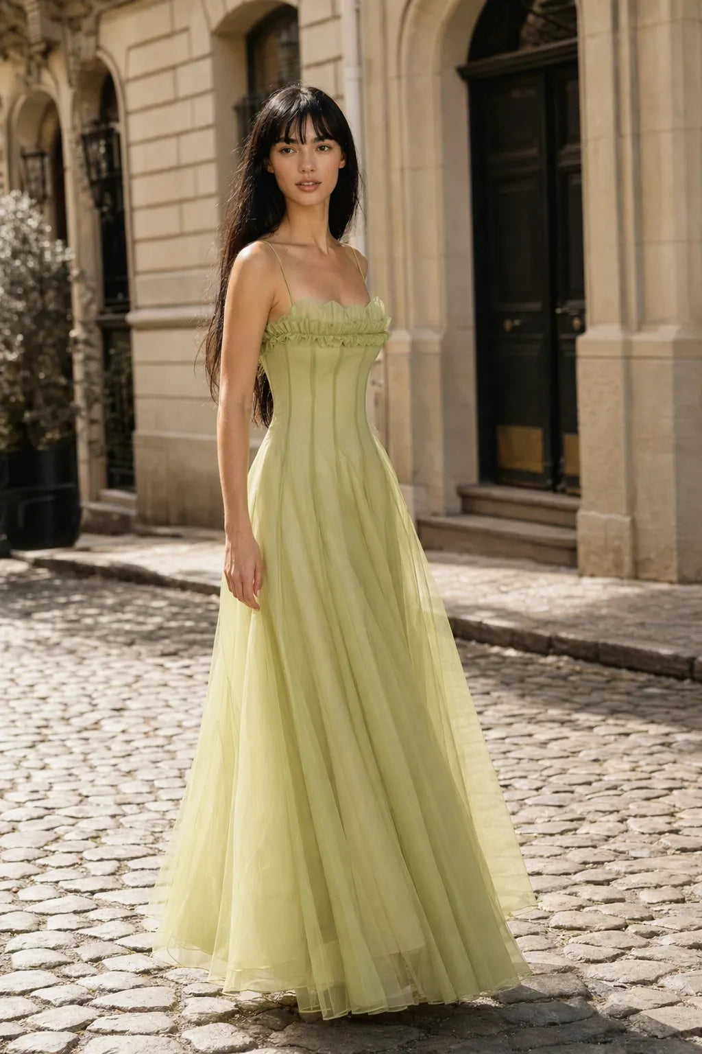 Matcha Ruffled Shirred Tulle Maxi Dress