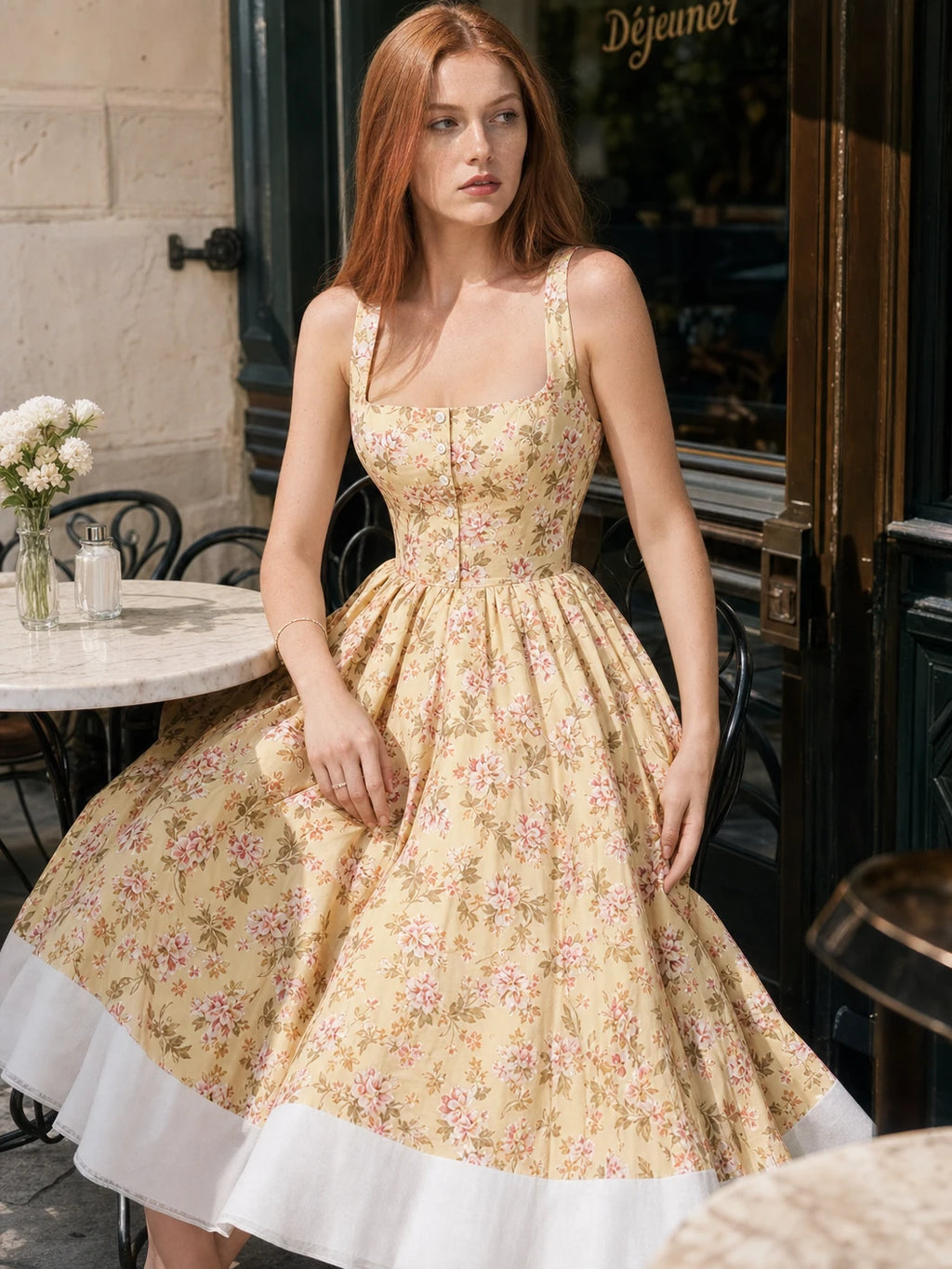 Honey-Colored Cotton Midi Dress With a Floral Print and Ruffles