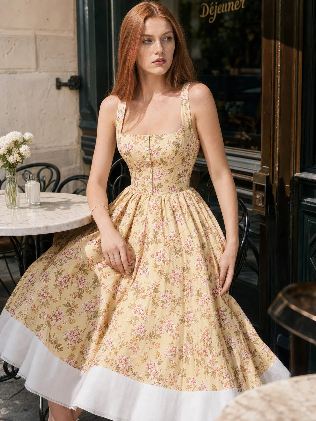 Honey-Colored Cotton Midi Dress With a Floral Print and Ruffles
