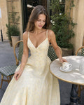 Lemon-Colored Cotton Midi Dress With Spaghetti Straps and a Floral Print