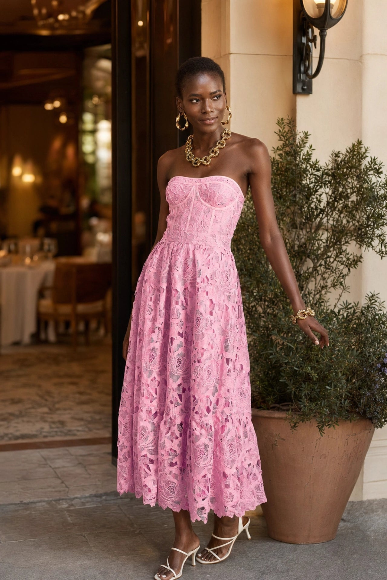 Lace Floral Embroidered Cut-Out Midium Dress in Pink