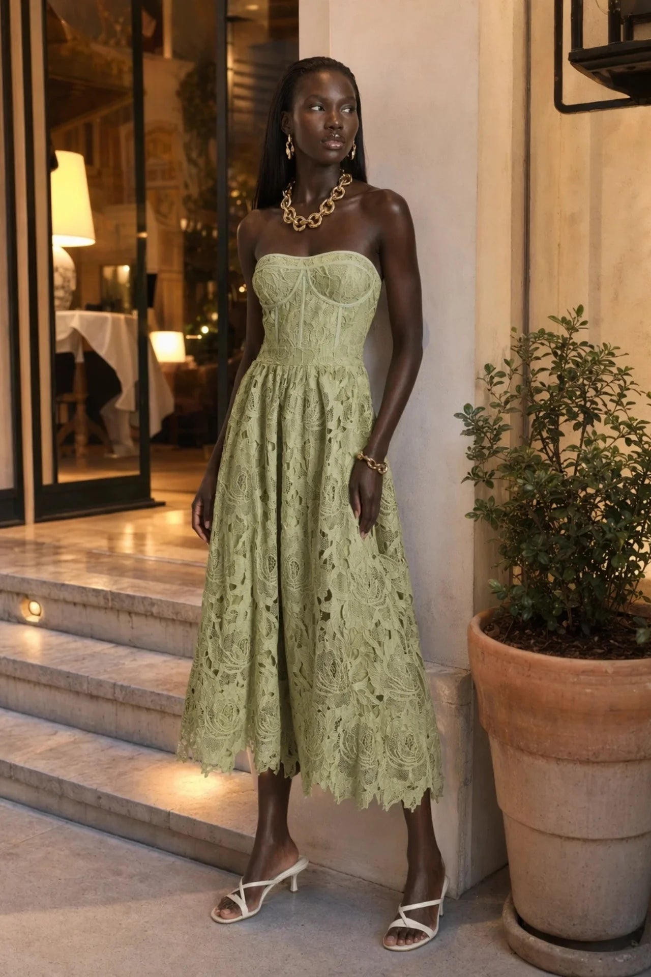 Lace Floral Embroidered Cut-Out Midium Dress in Green