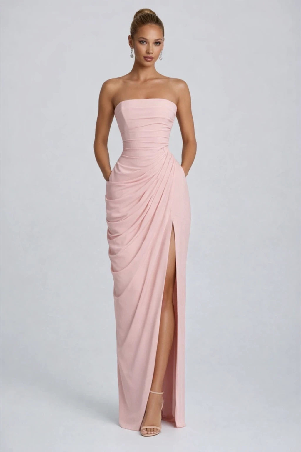 Blue Ruched Maxi Dress with Cross Front