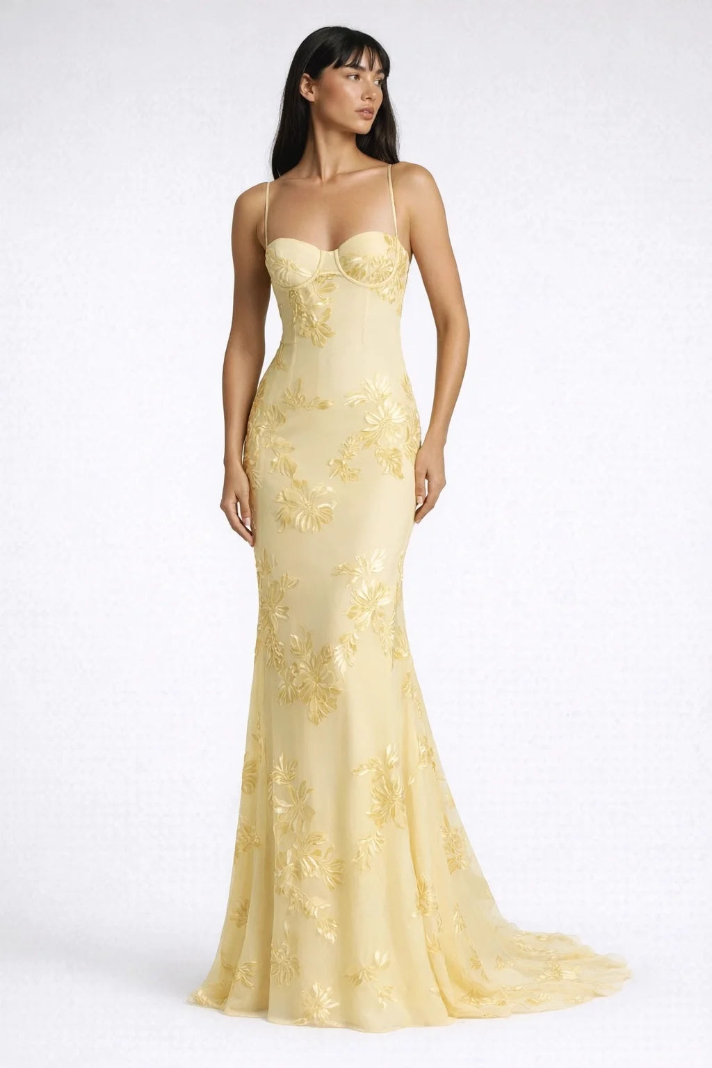 Yellow Floral Appliqué Corset Maxi Dress