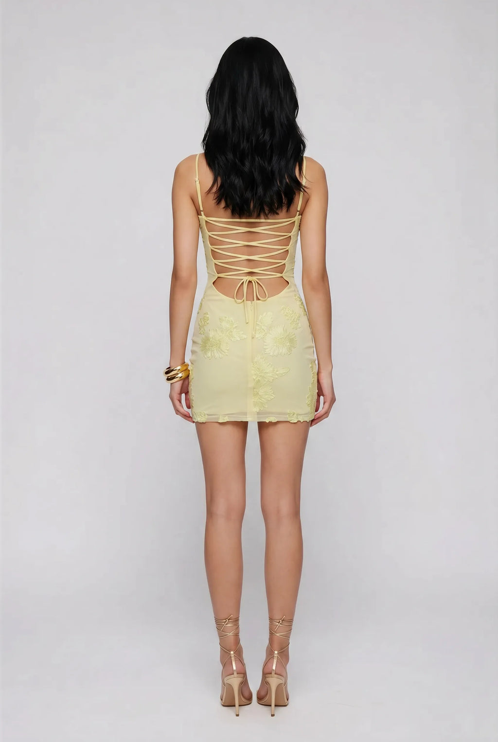 Yellow Floral Appliqué Corset Mini Dress