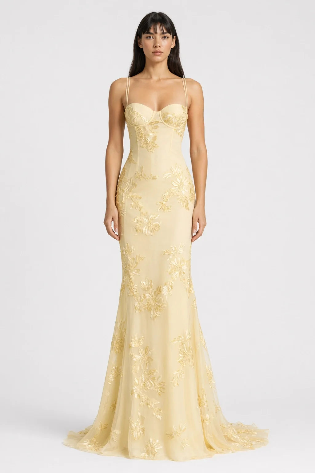Yellow Floral Appliqué Corset Maxi Dress
