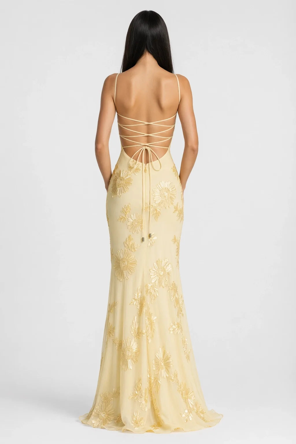 Yellow Floral Appliqué Corset Maxi Dress